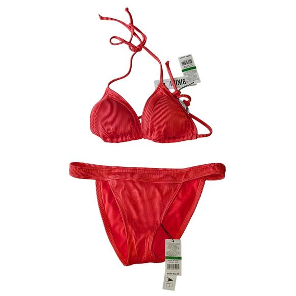 NWT Bikini Lab Triangle Bra Bikini Top & Banded Hipster Swim Bottoms Orange Sz L - Picture 1 of 8